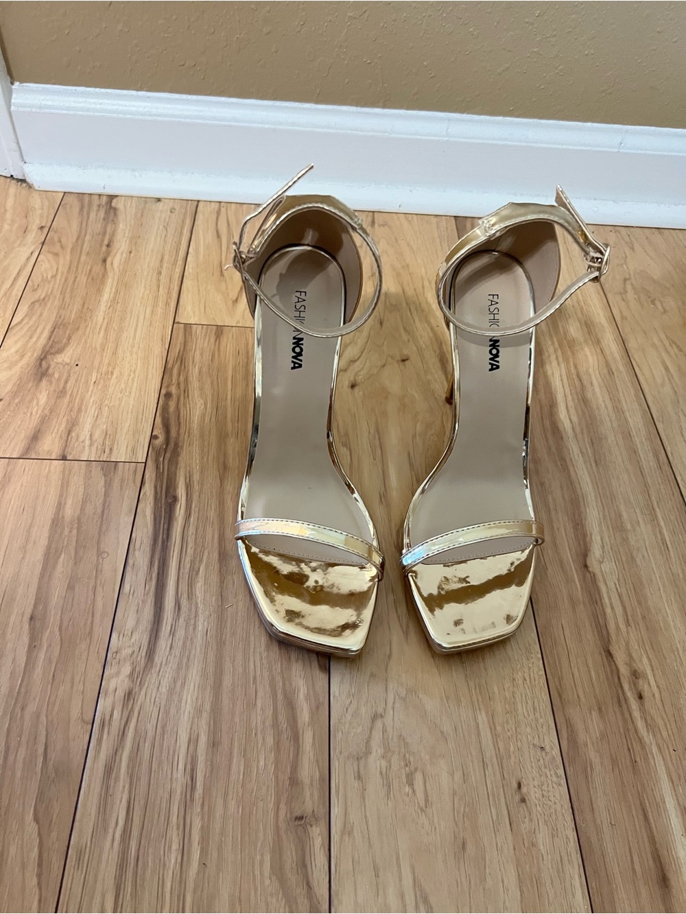 Fashion Nova Metallic Gold Ankle-Strap Block Heels